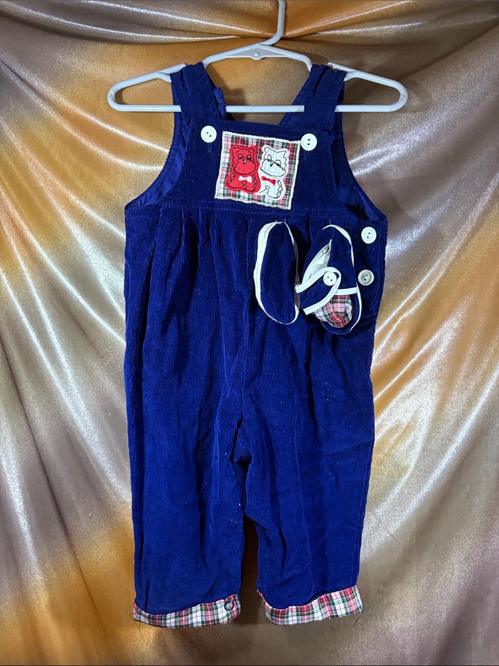 Vintage 80’s 6-9m Kids Navy Corduroy Overalls with shoes Plaid Accent 411